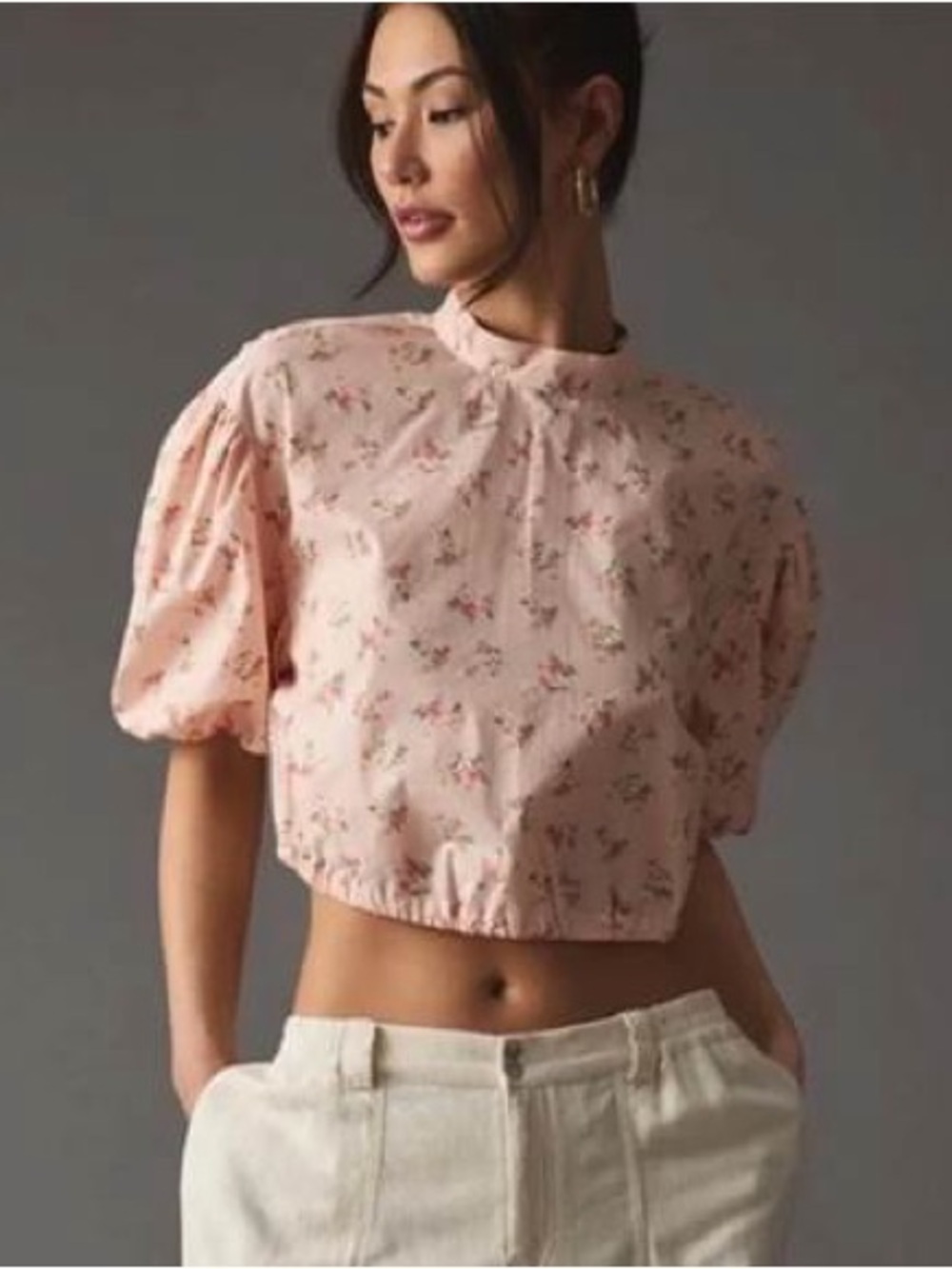 EUC – Anthropologie Pink Floral Puff Sleeve Tie Back Blouse – Medium